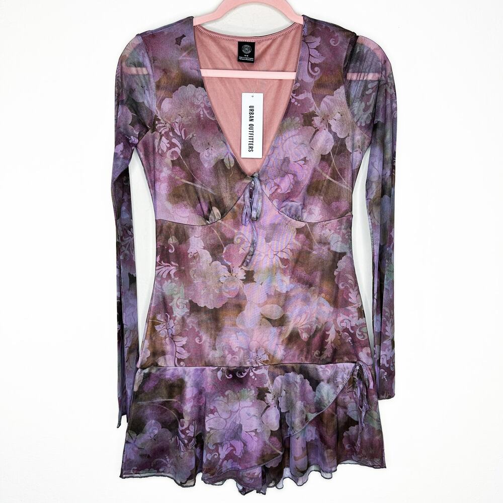 NWT Urban Outfitters Eva Floral Printed Mesh Playsuit Romper Mini Dress Medium - Picture 2 of 15